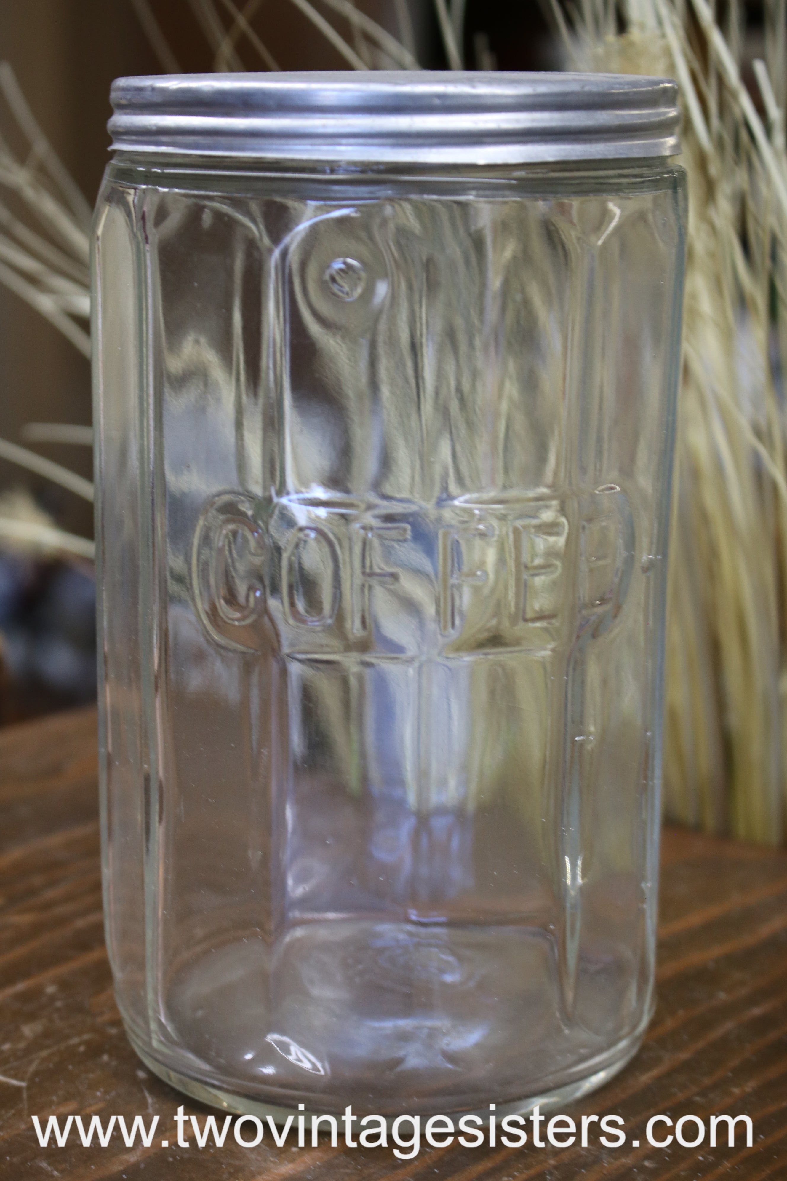 2 VINTAGE HOOSIER CABINET GLASS ROUND RIBBED COFFEE TEA CANISTERS JARS W/  LIDS