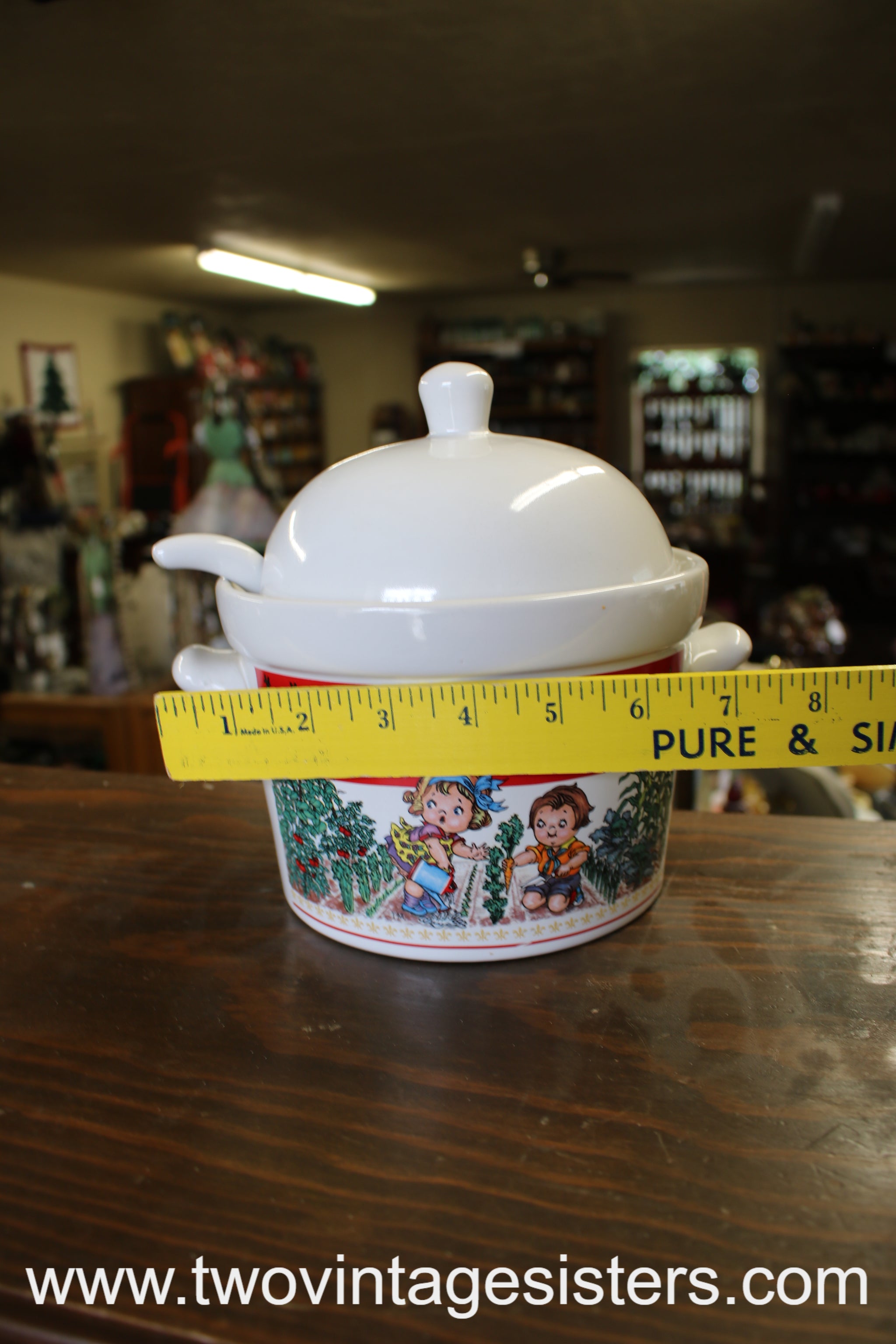 Vintage 1993 Campbell Soup Tureen w/ Lid and Ladle Cute Kids Farming buying Design Westwood Bean Casserole Dish Pottery Bohemian Kitchen Boho