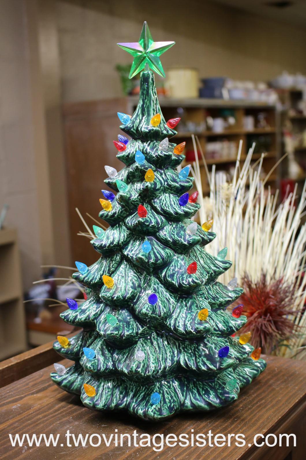 Ceramic Christmas Tree Red Blue Orange Lights No Base