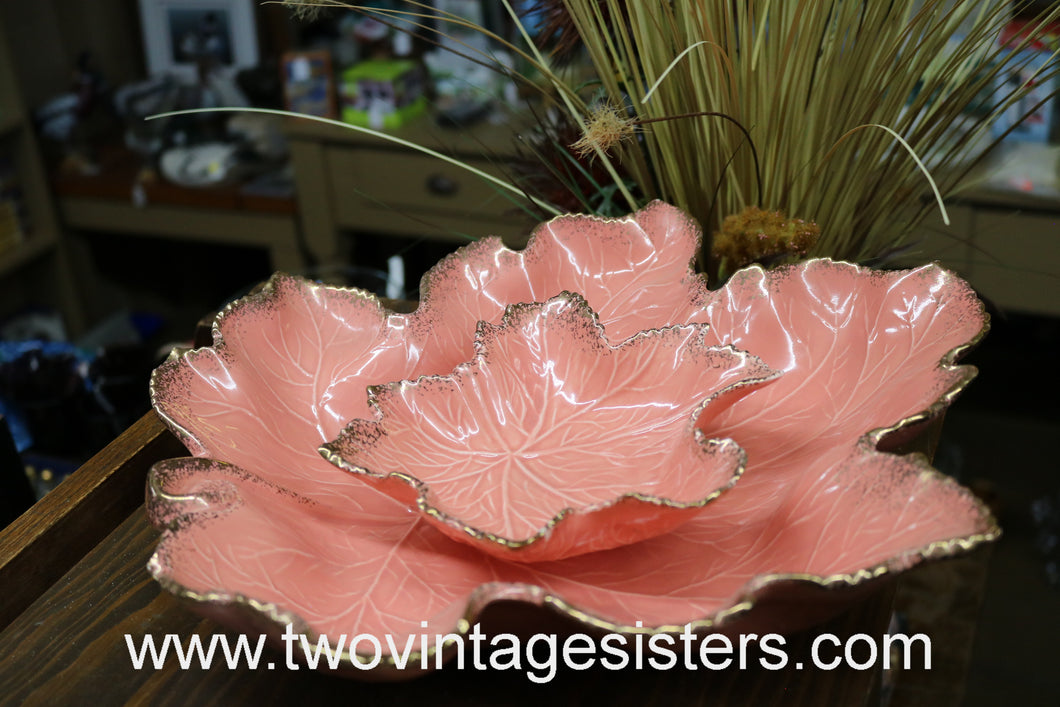 California Pottery Pink Leaf Chip Dip Set Gold Glitter Rim