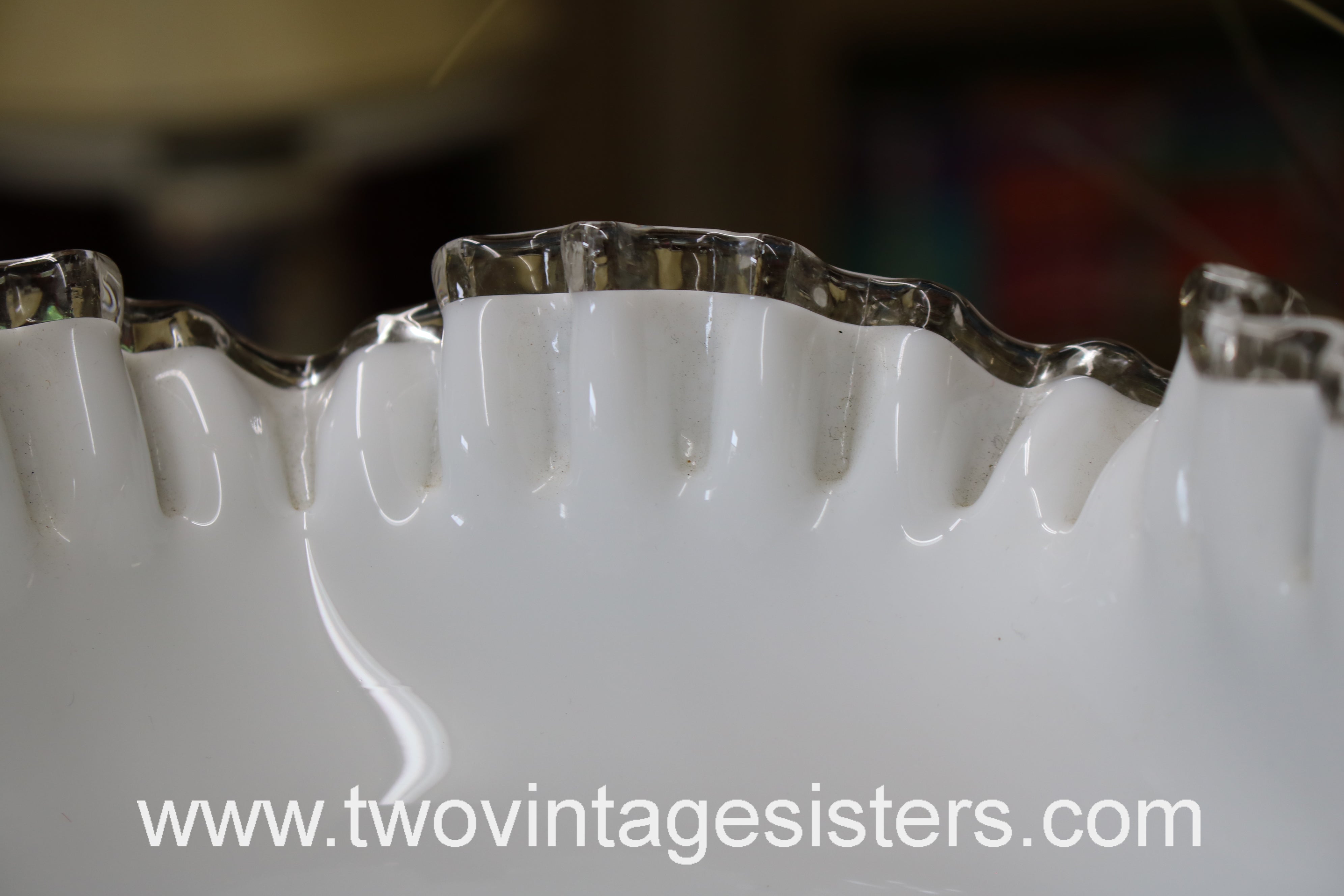 Vintage! Fenton Silver on sale Crest Style White Milk Glass Ruffled Crimped Rim Bowl!