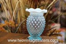 Load image into Gallery viewer, Fenton Hobnail Bud Vase Aqua Blue Opalescent Crimped Ruffled Rim
