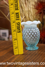 Load image into Gallery viewer, Fenton Hobnail Bud Vase Aqua Blue Opalescent Crimped Ruffled Rim
