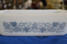 Load image into Gallery viewer, Glasbake J522 White Glass 1 1/2 Quart Loaf Pan Blue Clover Design 
