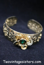 Load image into Gallery viewer, Gold Tone Cutout Bracelet Bangle Jewel &amp; Flower - Vintage Sisters Collection
