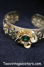 Load image into Gallery viewer, Gold Tone Cutout Bracelet Bangle Jewel &amp; Flower - Vintage Sisters Collection
