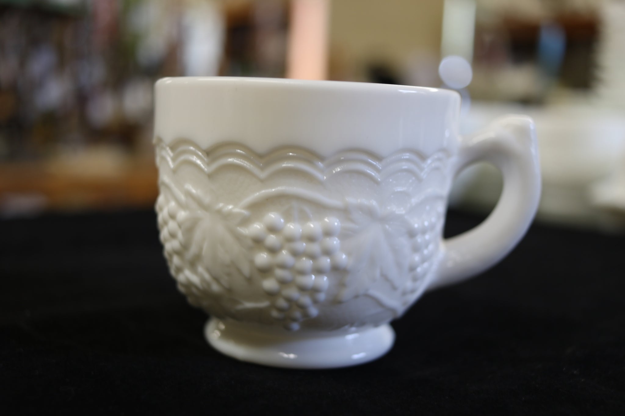 Milk Glass coffee cups and saucers, grape hotsell pattern, set of 7