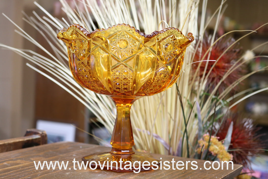 Smith Glass Amber Compote Candy Dish Bowl Heritage Hobstar Cane & Arch