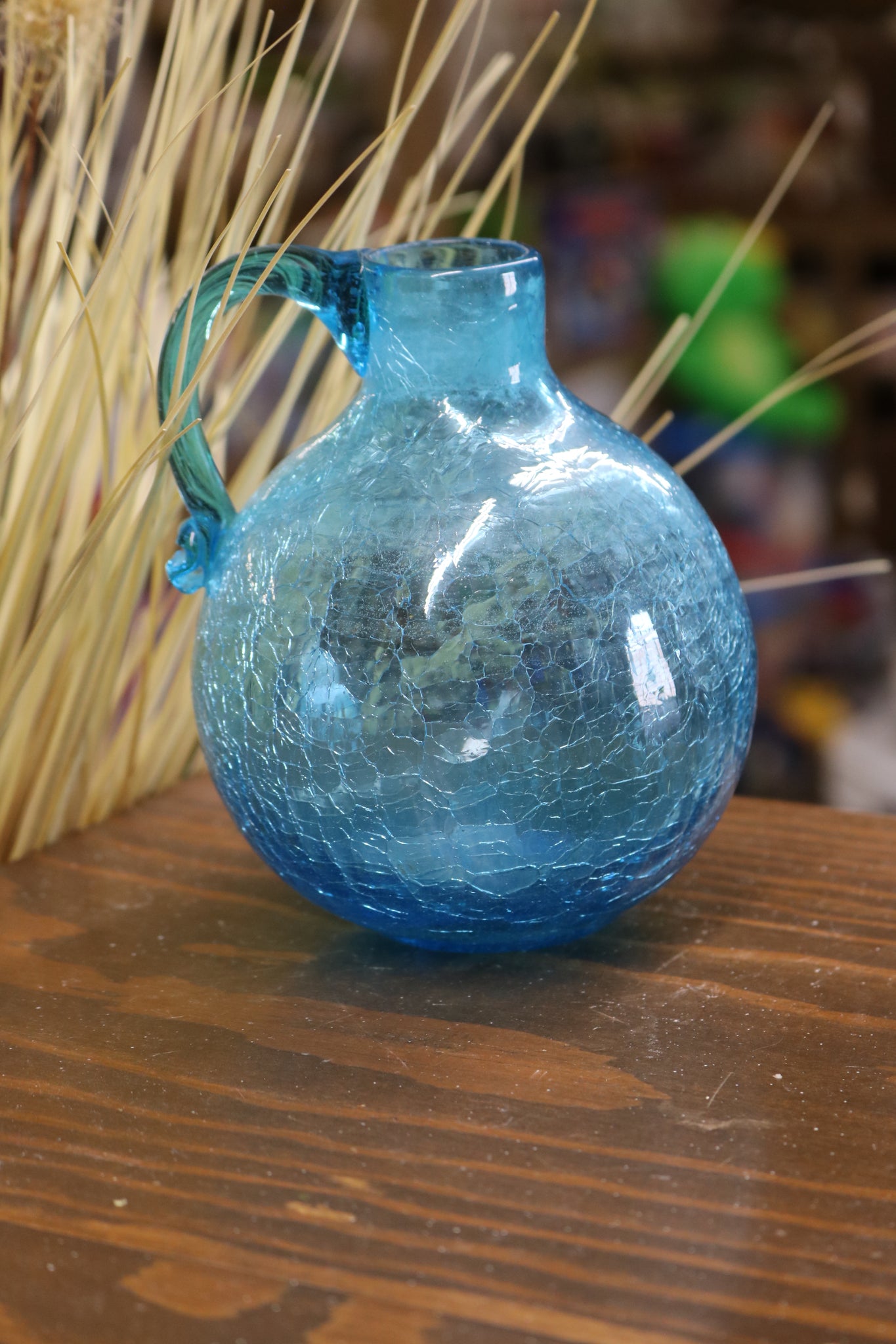 Mini Pitcher Vase Peacock Blue Crackle Art Glass With Applied Handle and  Spout Kanawha Pilgrim Vintage 60s 70s 