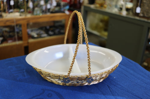 Divided Glasbake Casserole Dish With Gold Metal Basket Baking Dish Serving Dish